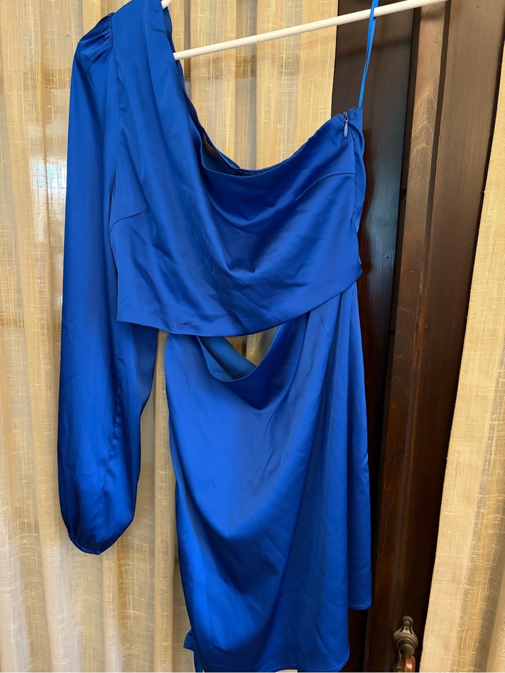 Stella Dallas  Cobalt Blue Asymmetric One-Sleeve Satin Dress